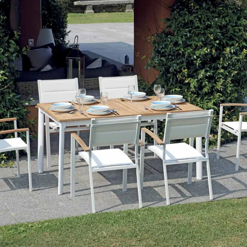 Tavolo Allungabile a Farfalla a 210 cm in Alluminio e Piano in Teak - Incanto Viadurini