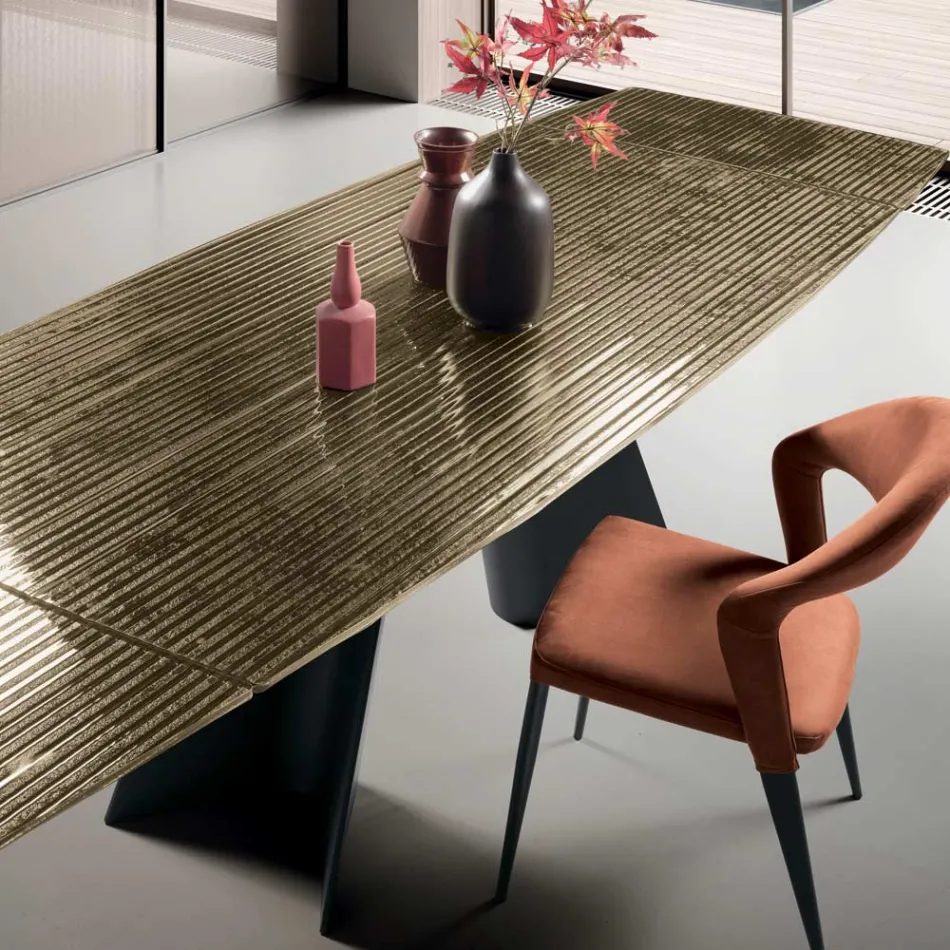 Tavolo Allungabile con Base in Metallo e Piano in Vetro Rigato Made in Italy - Lumo Viadurini