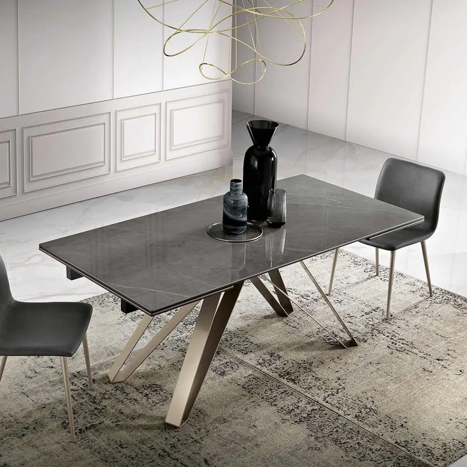 Tavolo Allungabile da Soggiorno in Metallo e Vetroceramica Made in Italy - Meluso Viadurini