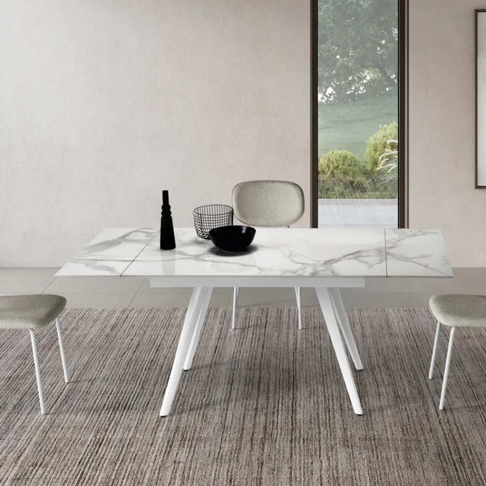 Tavolo Allungabile Fino a 180 cm in Pietra Effetto Marmo e Metallo - Numa Viadurini