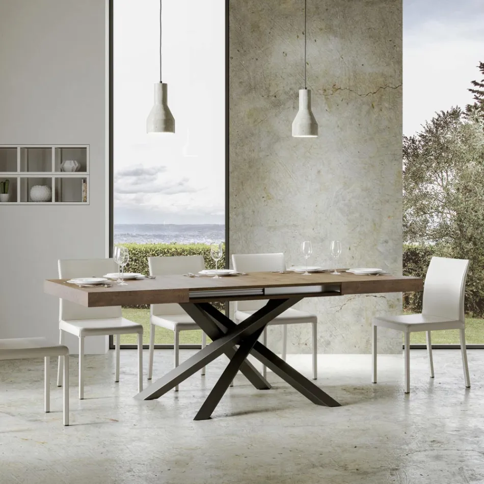 Tavolo Allungabile Fino a 440 cm in Ferro Antracite e Legno Made in Italy - Graffo Viadurini