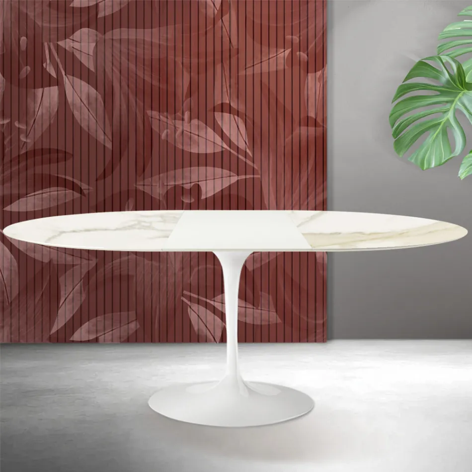 Tavolo Allungabile Tulip Saarinen H 74 cm in Ceramica Florim Calacatta Gold Opaco - Scarlet Viadurini