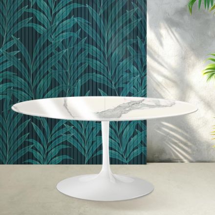 Tavolo Allungabile Tulip Saarinen H 74 cm in Ceramica Florim Statuario Lucido - Scarlet Viadurini
