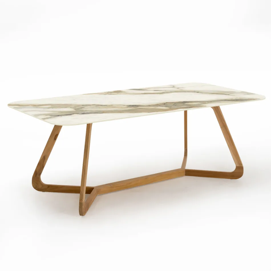 Tavolo con Base in Legno e Piano in Ceramica Calacatta Hermitage - Infinity Viadurini