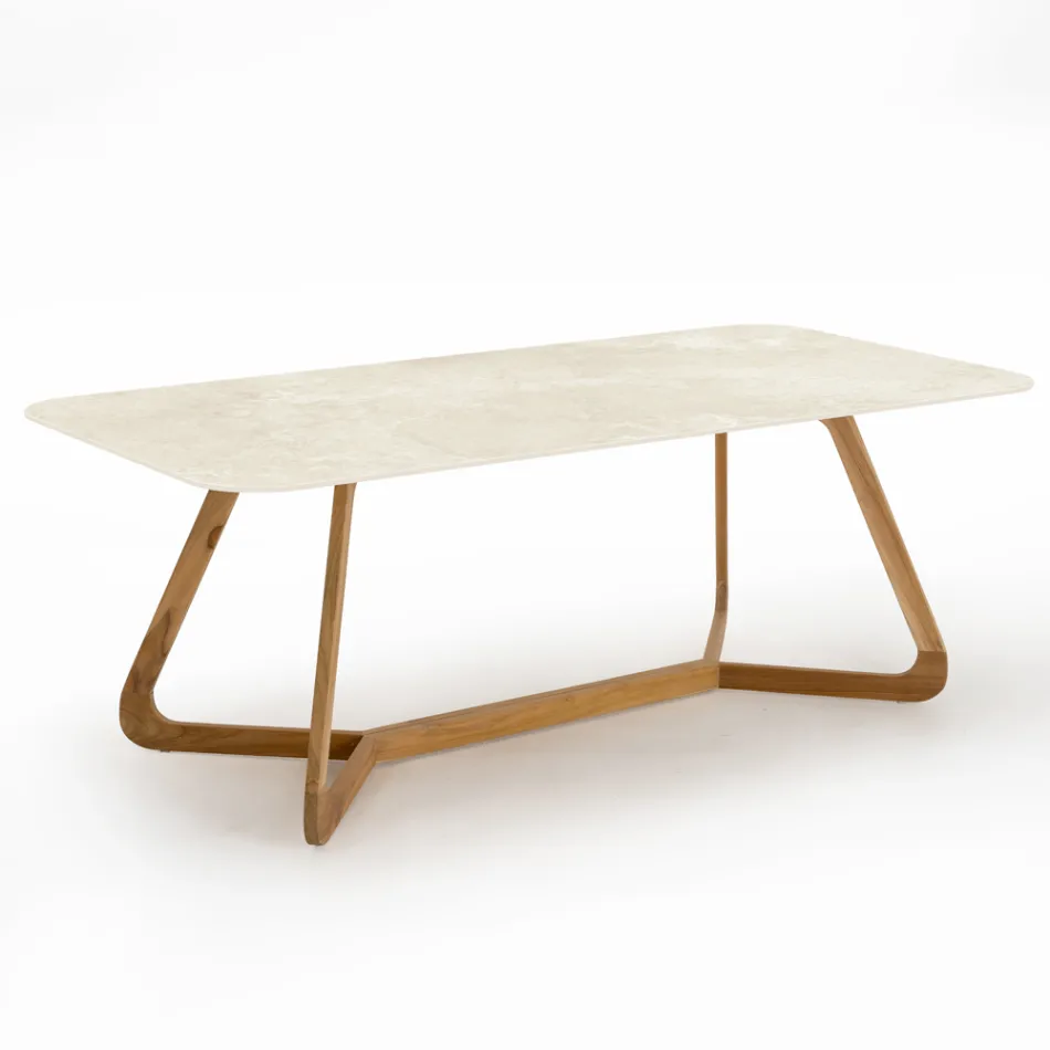 Tavolo con Base in Legno e Piano in Ceramica Chianca di Ostuni - Infinity Viadurini