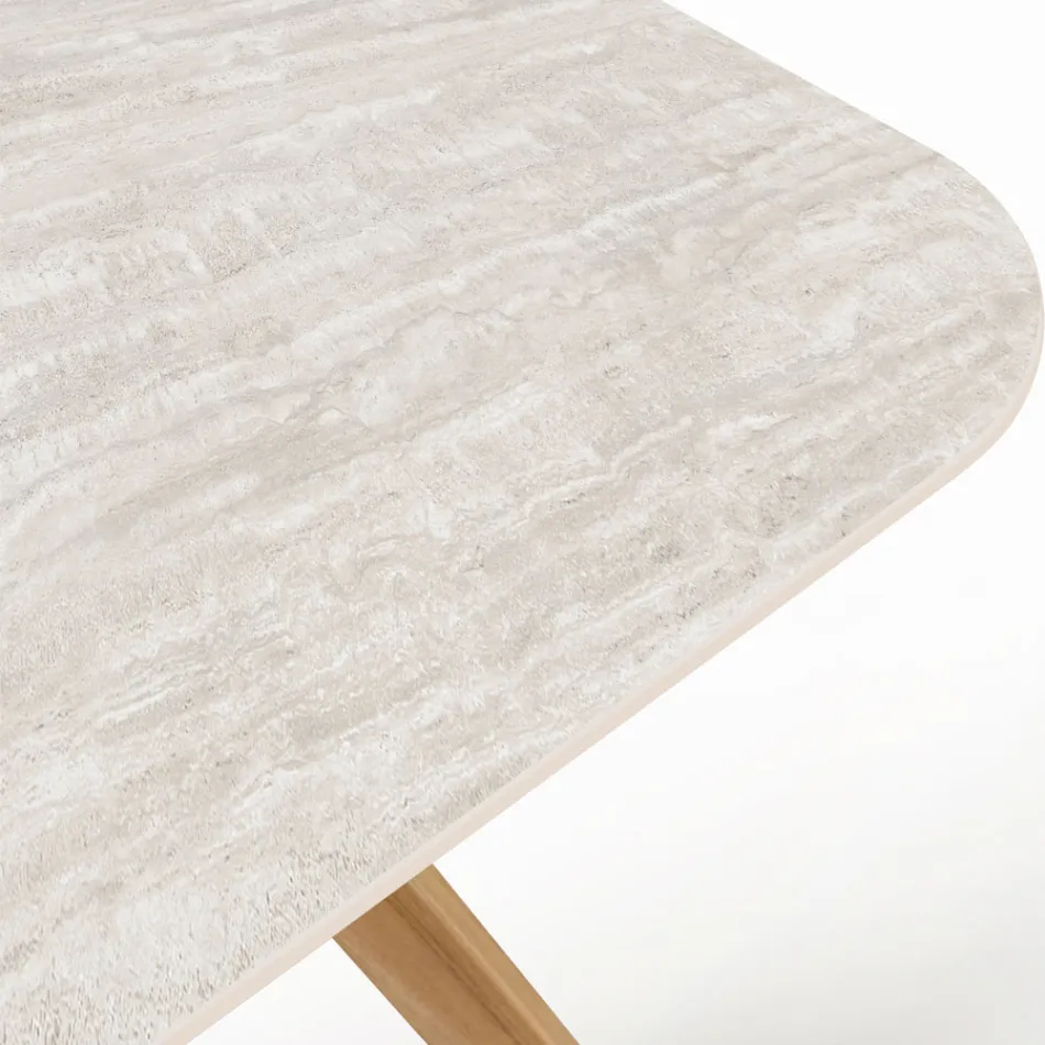 Tavolo con Base in Legno e Piano in Ceramica Travertino Chiaro - Infinity Viadurini