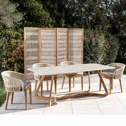 Tavolo con Base in Legno e Piano in Ceramica Travertino Chiaro - Infinity Viadurini