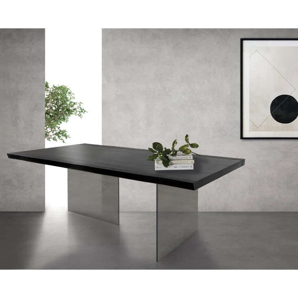Tavolo con Piana Placcata in Rovere Massello e Base in Cristallo Made in Italy - Noelia Viadurini