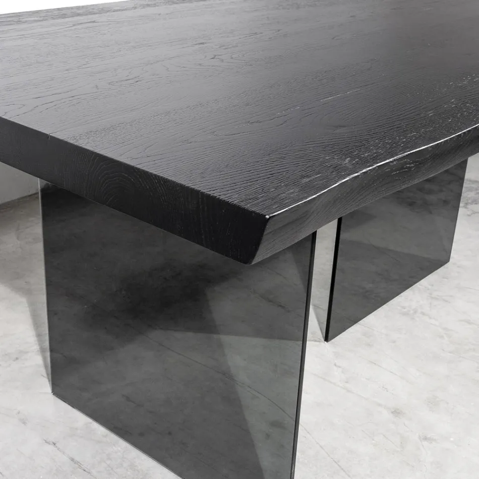 Tavolo con Piana Placcata in Rovere Massello e Base in Cristallo Made in Italy - Noelia Viadurini