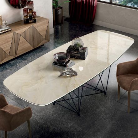 Tavolo con Piano in Ceramica a Botte e Base in Acciaio Made in Italy - Ezzellino  Viadurini