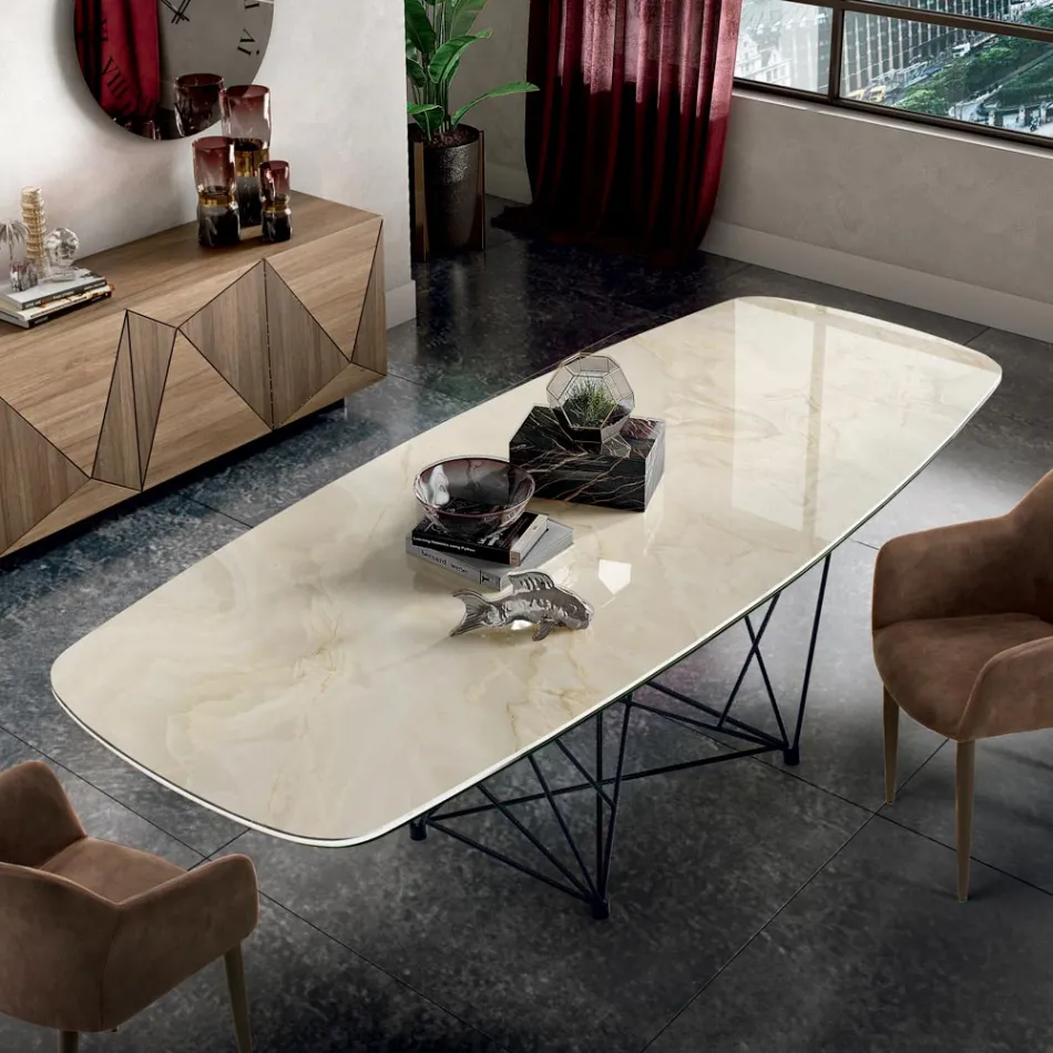 Tavolo con Piano in Ceramica a Botte e Base in Acciaio Made in Italy - Ezzellino  Viadurini