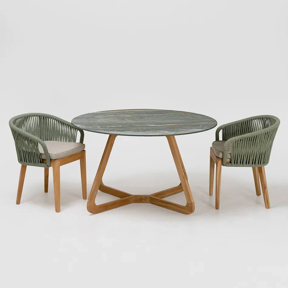 Tavolo con Piano in Ceramica e Base in Teak Made in Italy - Helmet Viadurini