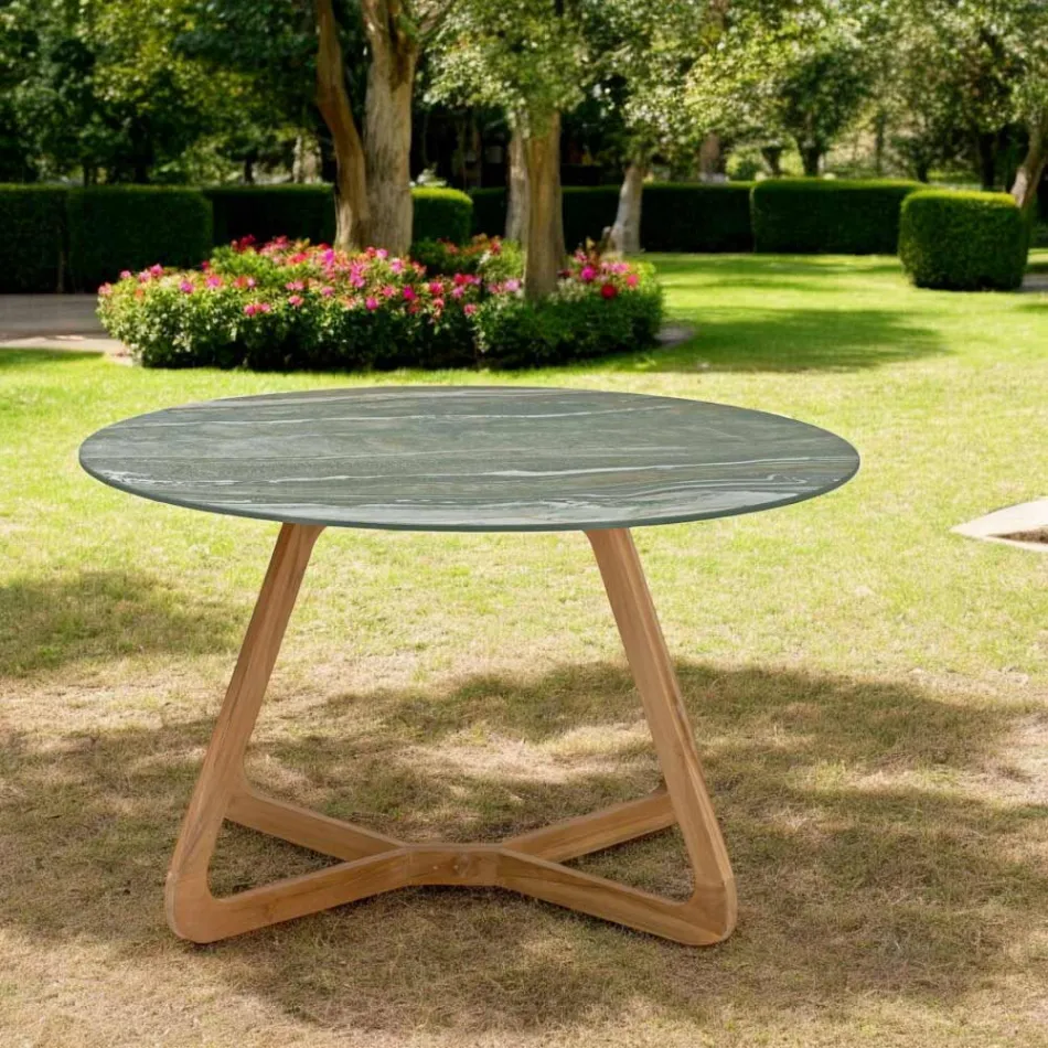Tavolo con Piano in Ceramica e Base in Teak Made in Italy - Helmet Viadurini