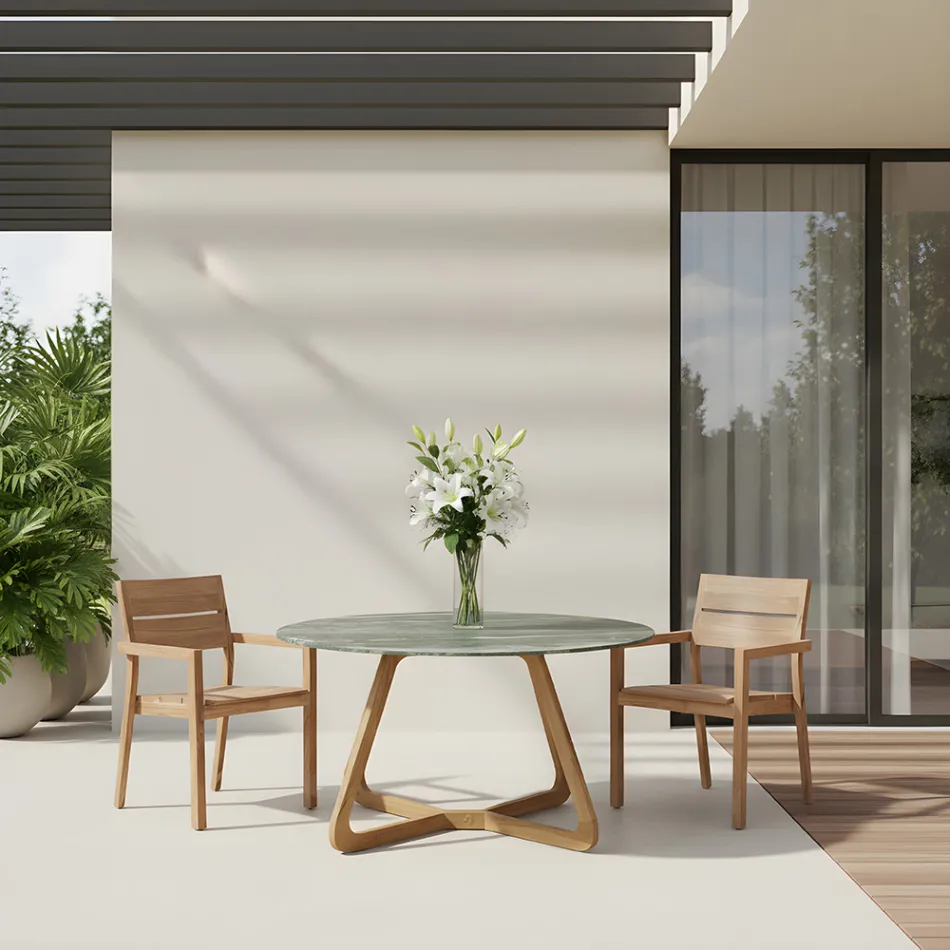 Tavolo con Piano in Ceramica e Base in Teak Made in Italy - Helmet Viadurini