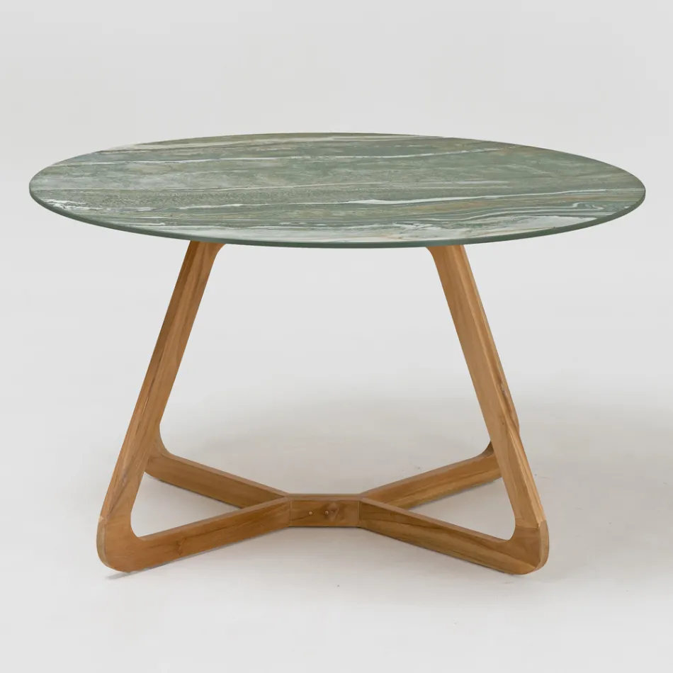 Tavolo con Piano in Ceramica e Base in Teak Made in Italy - Helmet Viadurini
