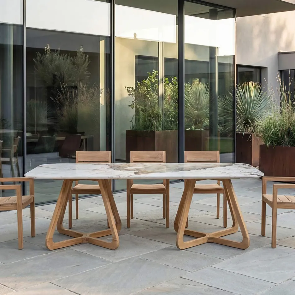 Tavolo con Piano in Ceramica e Base in Teak Massello Made in Italy - Blouse Viadurini
