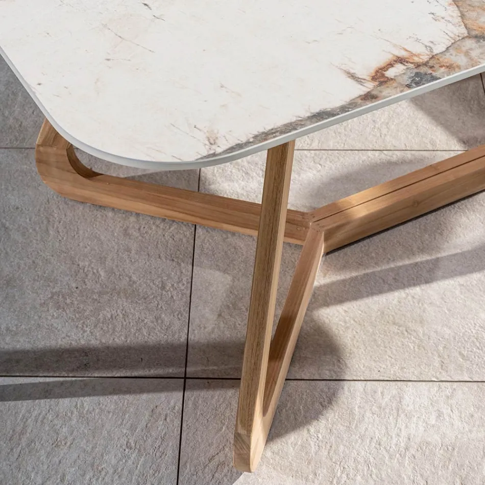 Tavolo con Piano in Ceramica e Base in Teak Massello Made in Italy - Blouse Viadurini