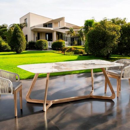 Tavolo con Piano in Ceramica e Base in Teak Massello Made in Italy - Blouse Viadurini
