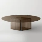 Tavolo con Piano in Vetro Ovale e Base in Vetro Fuso e Metallo - Foglietto Viadurini