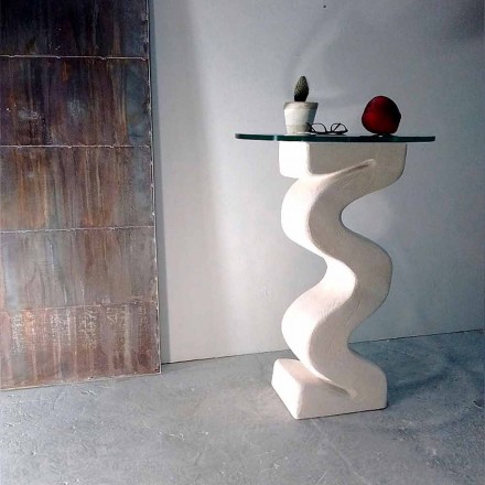 Tavolo consolle tondo in pietra e cristallo di design Babylas Viadurini