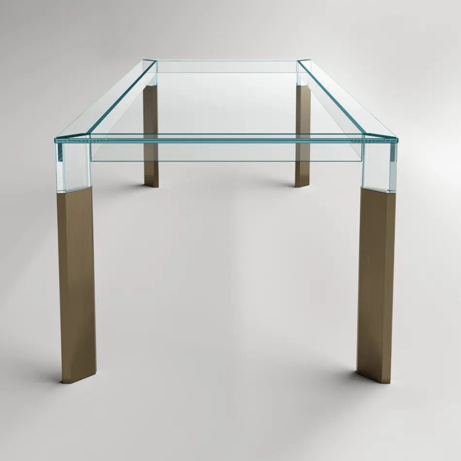 Tavolo Cucina in Vetro Extrachiaro con Gambe in Legno Made in Italy - Super Viadurini