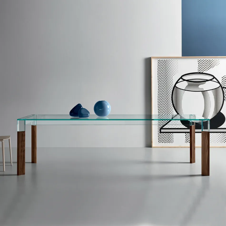 Tavolo Cucina in Vetro Extrachiaro con Gambe in Legno Made in Italy - Super Viadurini