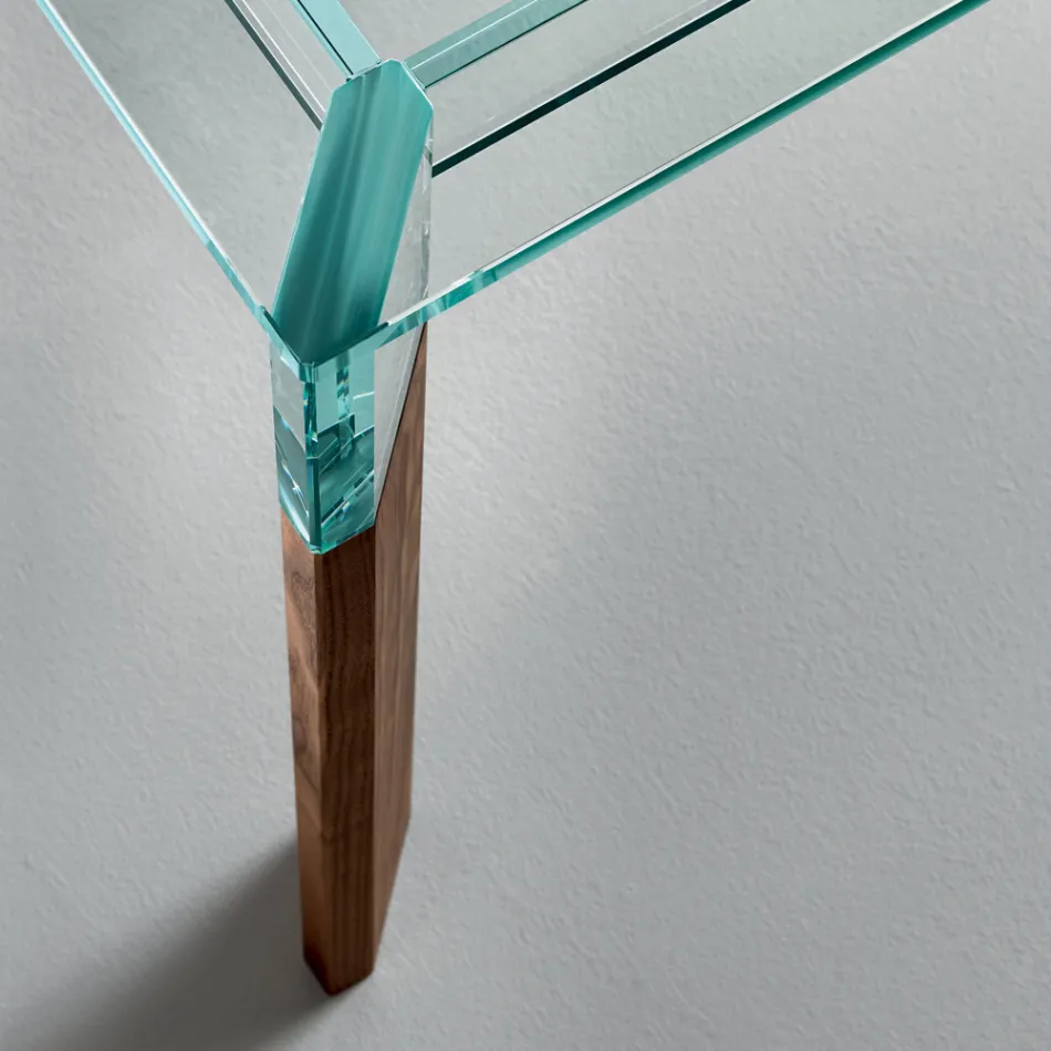 Tavolo Cucina in Vetro Extrachiaro con Gambe in Legno Made in Italy - Super Viadurini