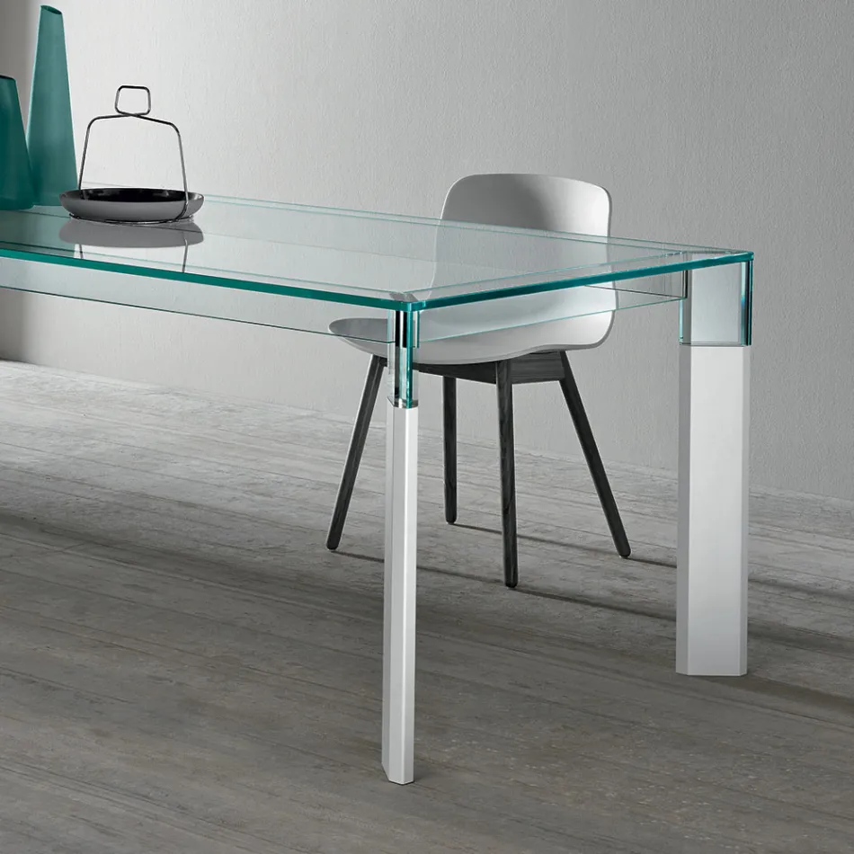 Tavolo Cucina in Vetro Extrachiaro con Gambe in Legno Made in Italy - Super Viadurini