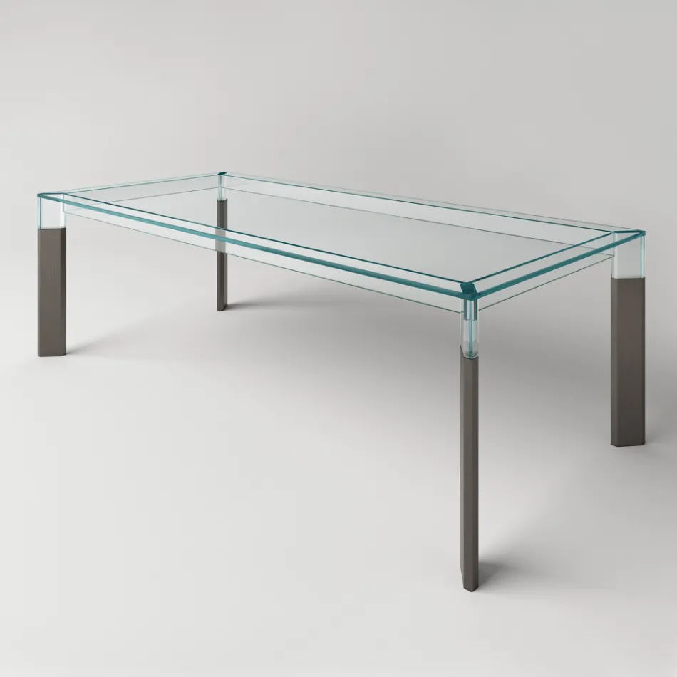 Tavolo Cucina in Vetro Extrachiaro con Gambe in Legno Made in Italy - Super Viadurini