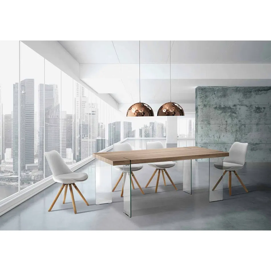 Tavolo da Cucina Moderno con Piano in Mdf e Base in Vetro, Joey Viadurini