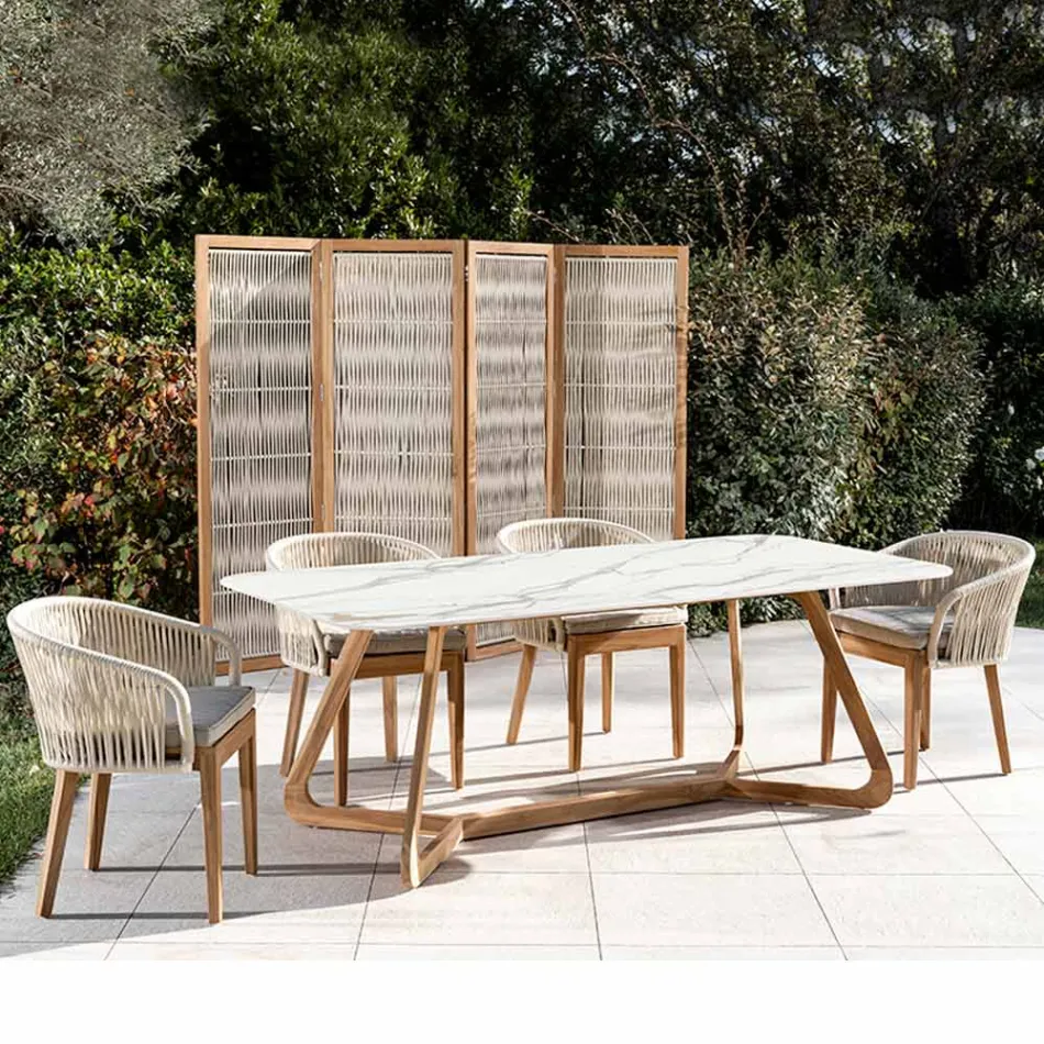 Tavolo da Esterno con Base in Legno e Piano in Ceramica Calacatta Oro - Infinity Viadurini