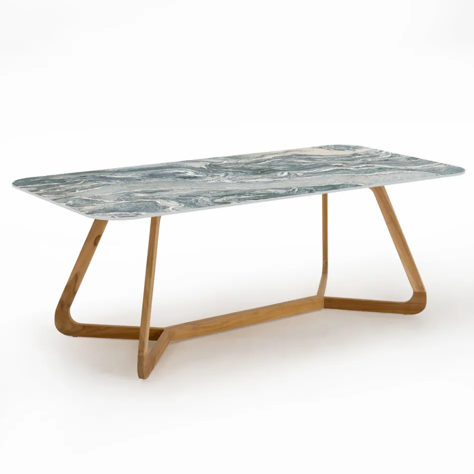 Tavolo da Esterno con Base in Legno e Piano in Ceramica Iconic Ciprus - Infinity Viadurini