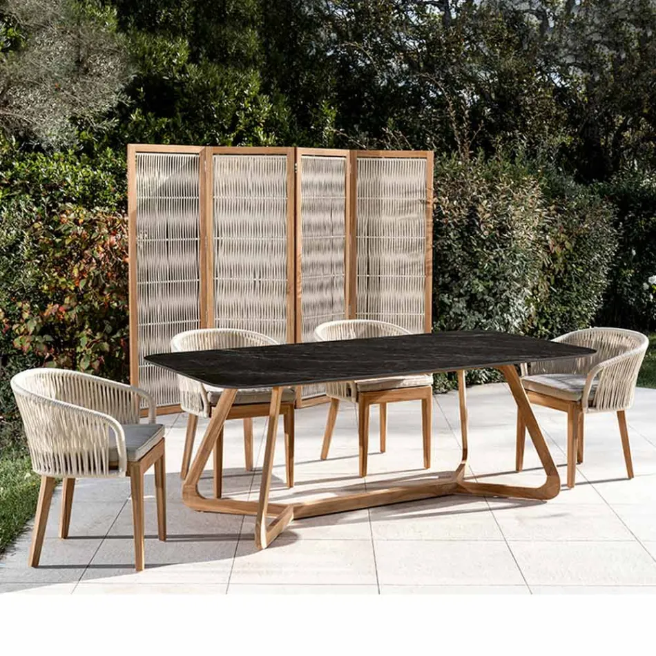 Tavolo da Esterno con Base in Legno e Piano in Ceramica Nero Marquinia - Infinity Viadurini