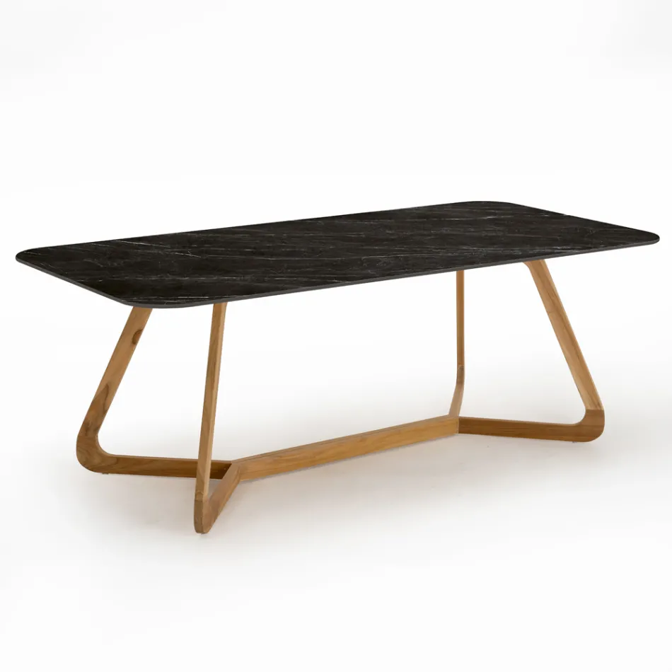 Tavolo da Esterno con Base in Legno e Piano in Ceramica Nero Marquinia - Infinity Viadurini