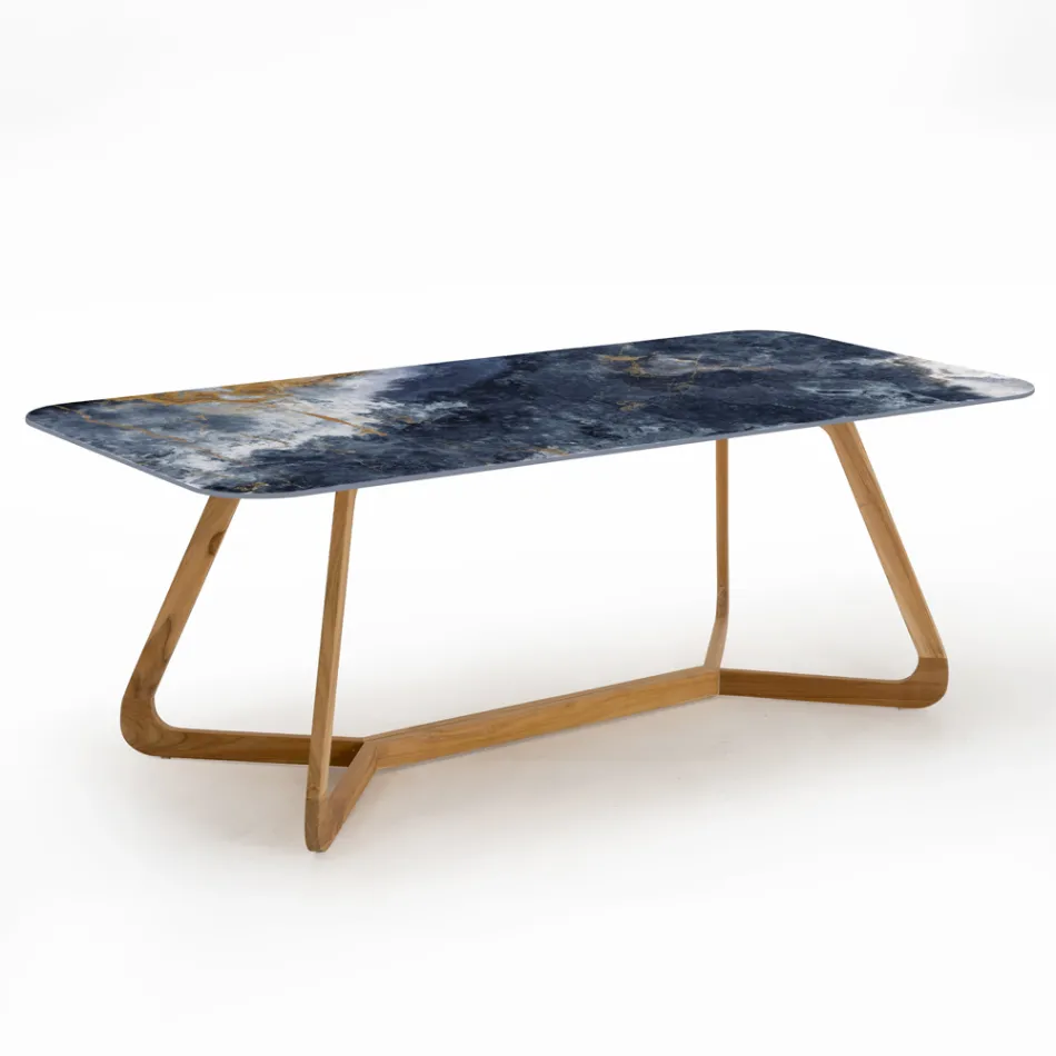 Tavolo da Esterno con Base in Legno e Piano in Ceramica Ocean Blue - Infinity Viadurini