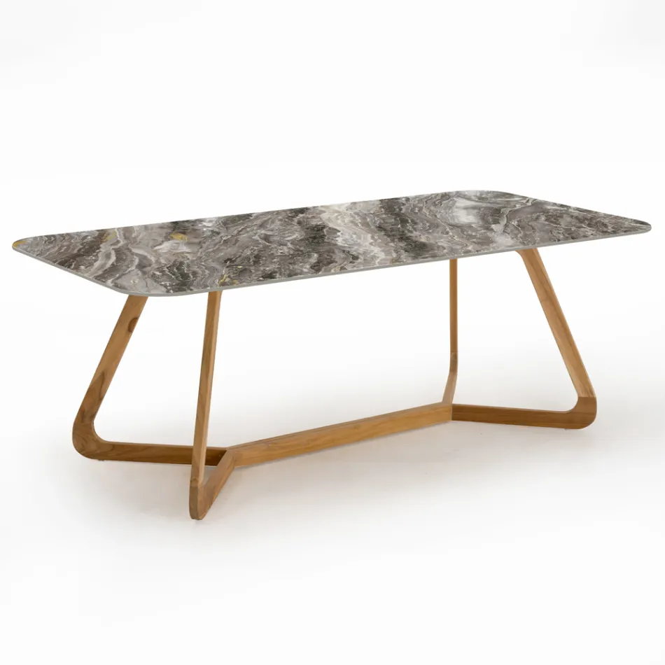 Tavolo da Esterno con Base in Legno e Piano in Ceramica Orobico Luxe - Infinity Viadurini