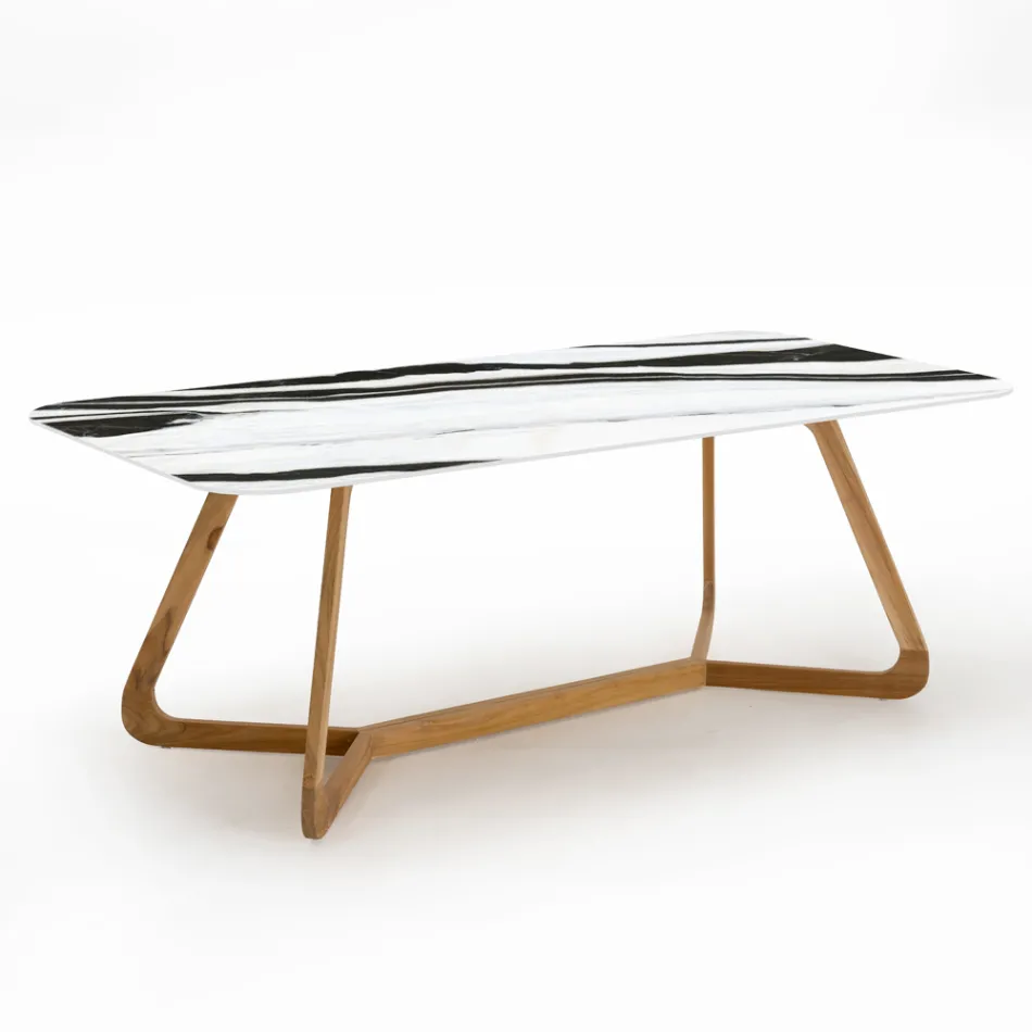 Tavolo da Esterno con Base in Legno e Piano in Ceramica Panda White - Infinity Viadurini