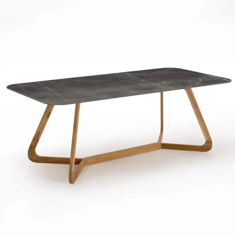 Tavolo da Esterno con Base in Legno e Piano in Ceramica Pietra Grey - Infinity Viadurini