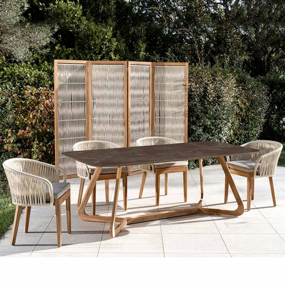 Tavolo da Esterno con Base in Legno e Piano in Ceramica Pulpis Brown - Infinity Viadurini