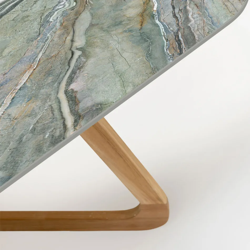 Tavolo da Esterno con Base in Legno e Piano in Ceramica Royal Peacock - Infinity Viadurini