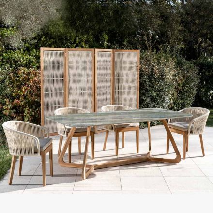 Tavolo da Esterno con Base in Legno e Piano in Ceramica Royal Peacock - Infinity Viadurini