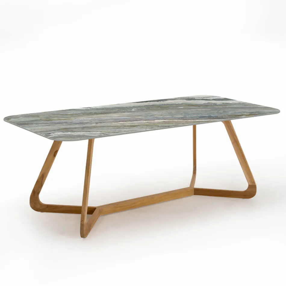 Tavolo da Esterno con Base in Legno e Piano in Ceramica Royal Peacock - Infinity Viadurini
