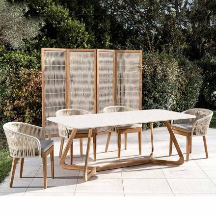 Tavolo da Esterno con Base in Legno e Piano in Ceramica Terrazzo White - Infinity Viadurini