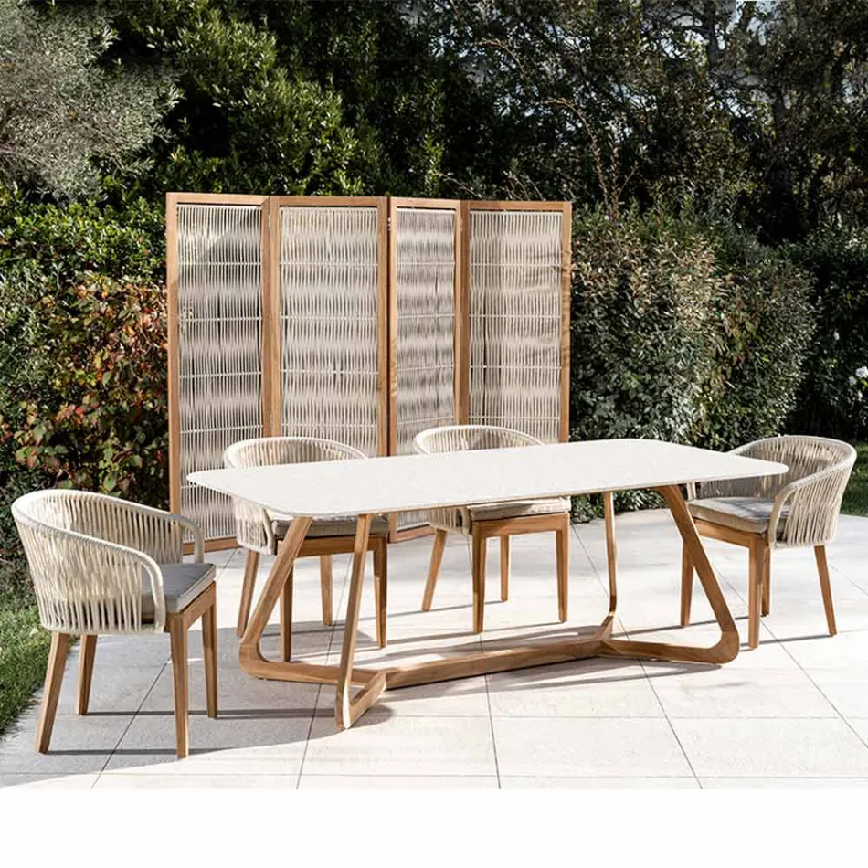 Tavolo da Esterno con Base in Legno e Piano in Ceramica Terrazzo White - Infinity Viadurini