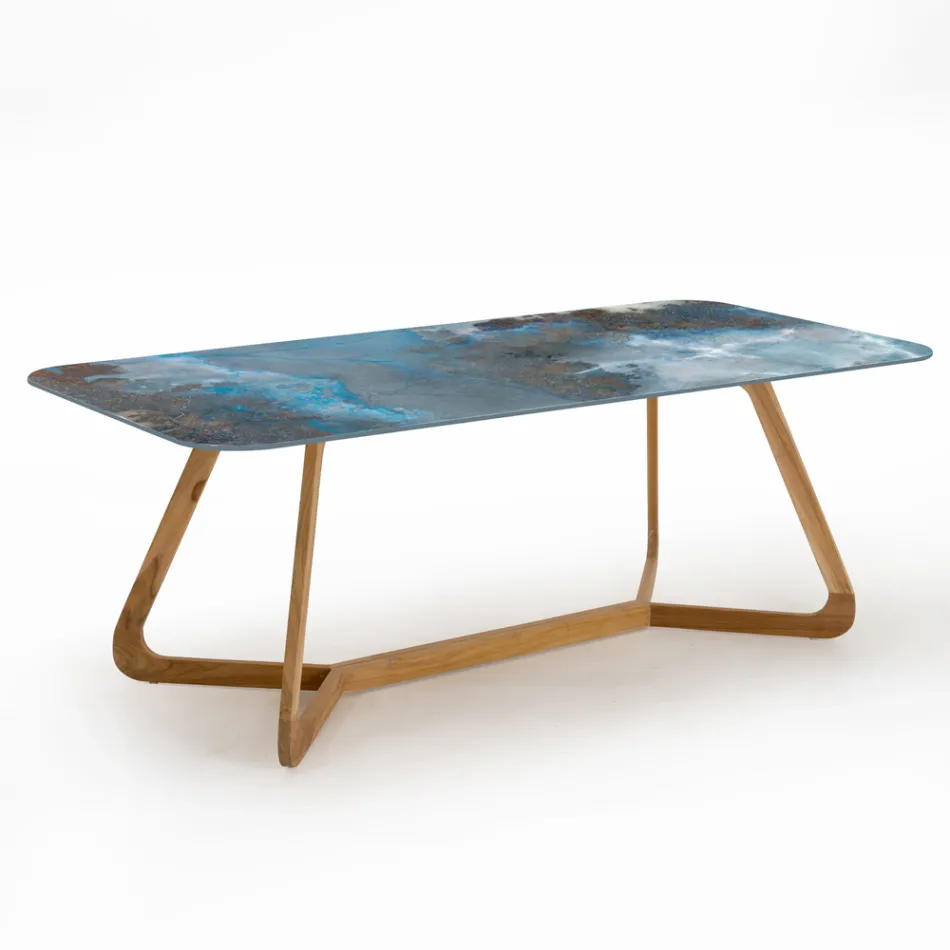 Tavolo da Esterno con Base in Legno e Piano in Ceramica Thunderstorm - Infinity Viadurini