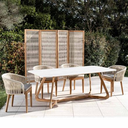 Tavolo da Esterno con Base in Legno e Piano in Ceramica Total White - Infinity Viadurini