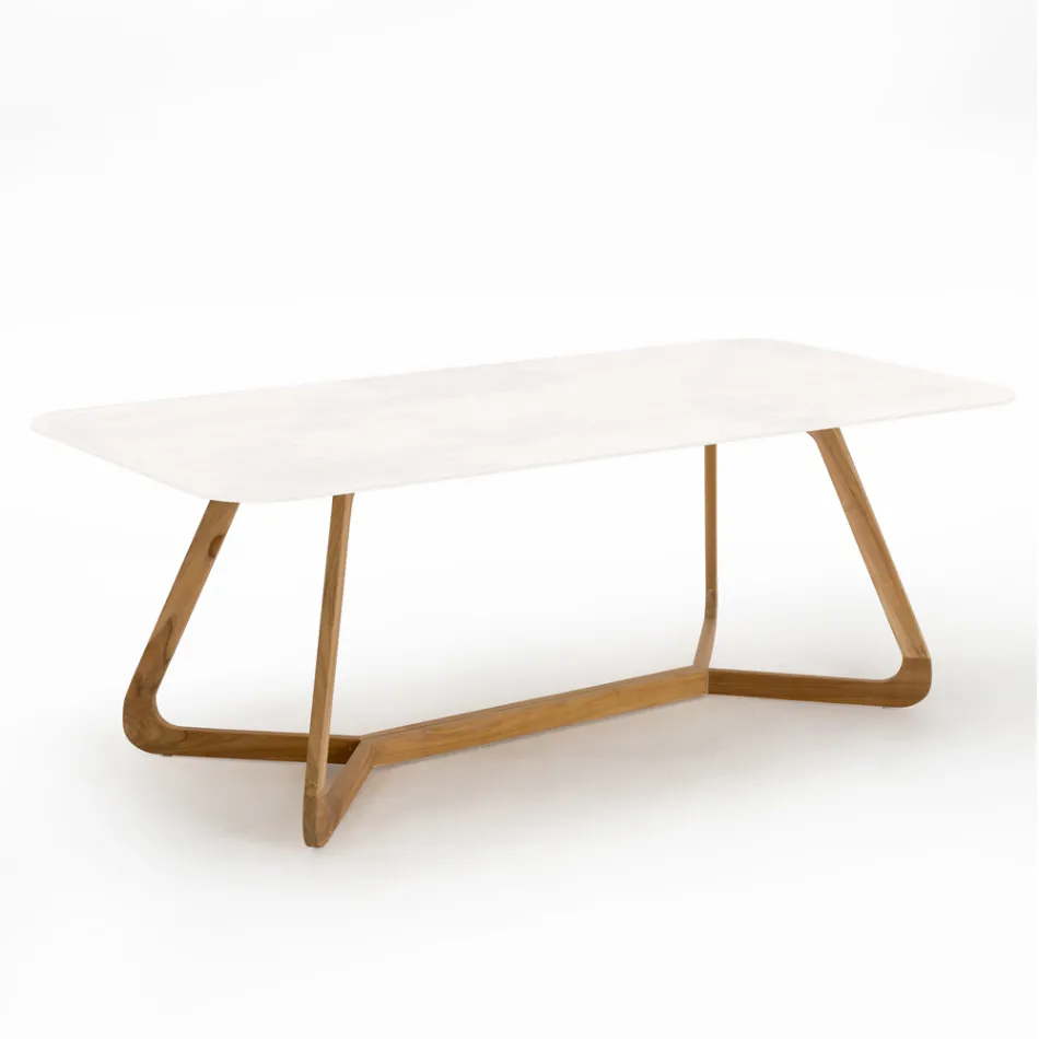 Tavolo da Esterno con Base in Legno e Piano in Ceramica Total White - Infinity Viadurini