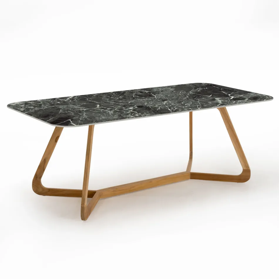Tavolo da Esterno con Base in Legno e Piano in Ceramica Verde France - Infinity Viadurini