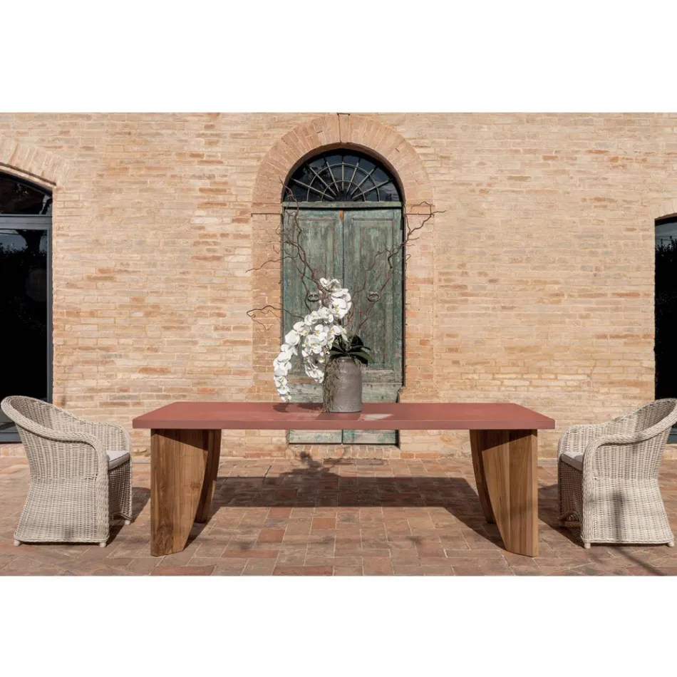 Tavolo da Esterno in Okumè Finitura Microcemento e Teak Made in Italy - Pencil Viadurini