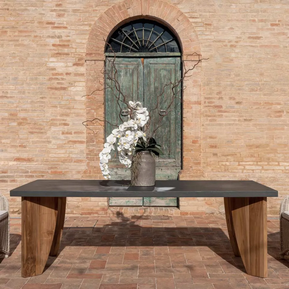 Tavolo da Esterno in Okumè Finitura Microcemento e Teak Made in Italy - Pencil Viadurini